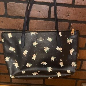 Coach Black Tote with Festive Snowman Pattern